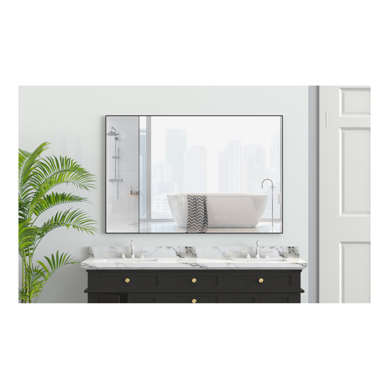 Miroir de salle de bain 48 po x 32 po rectangulaire moderne surdimensionné avec cadre, Noir