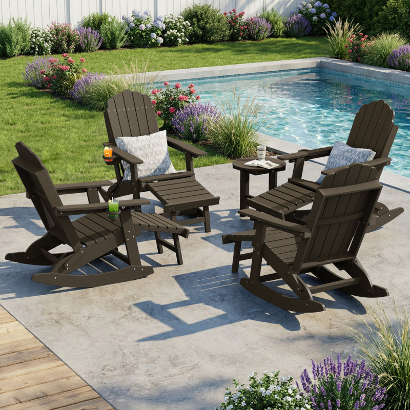 All-Weather HDPE Folding Adirondack Rocking Chair with Retractable Ottoman, 3-Position Adjustable Outdoor Rocking Chair for Patio, Gargen, Deck
