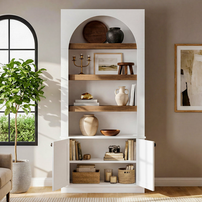 Bibliothèque 71 pouces de hauteur avec bibliothèque arquée moderne à 6 niveaux avec portes pour le bureau à domicile et le salon