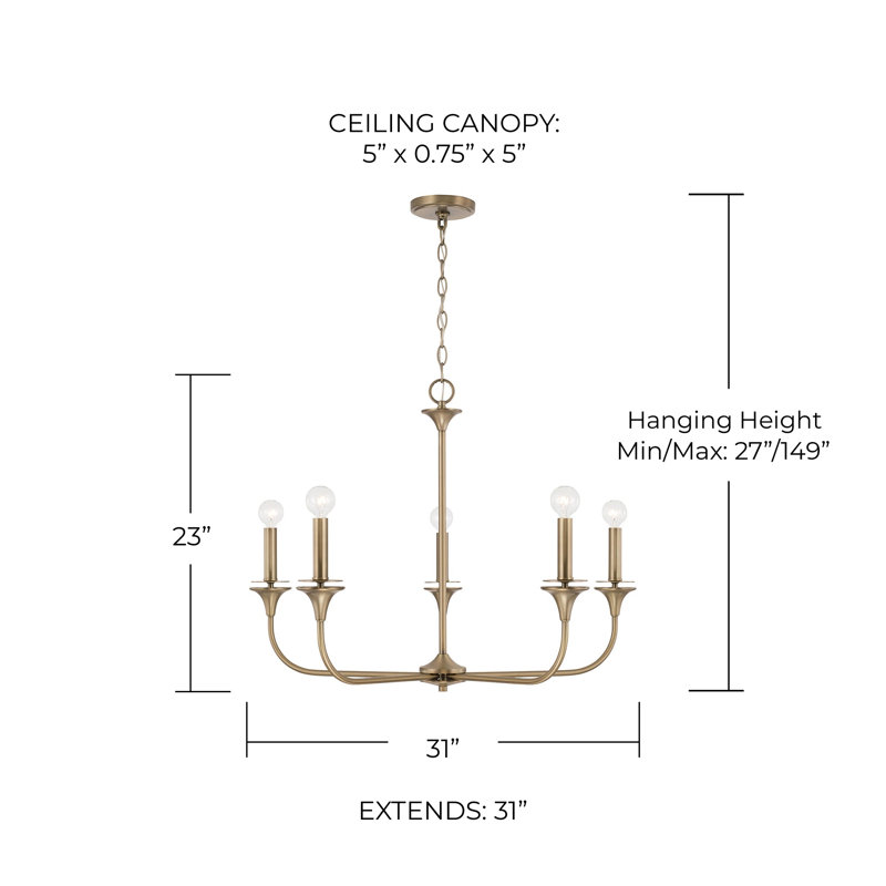 Lustre classique à 5 lumières de style bougie Kirtus, Laiton vieilli