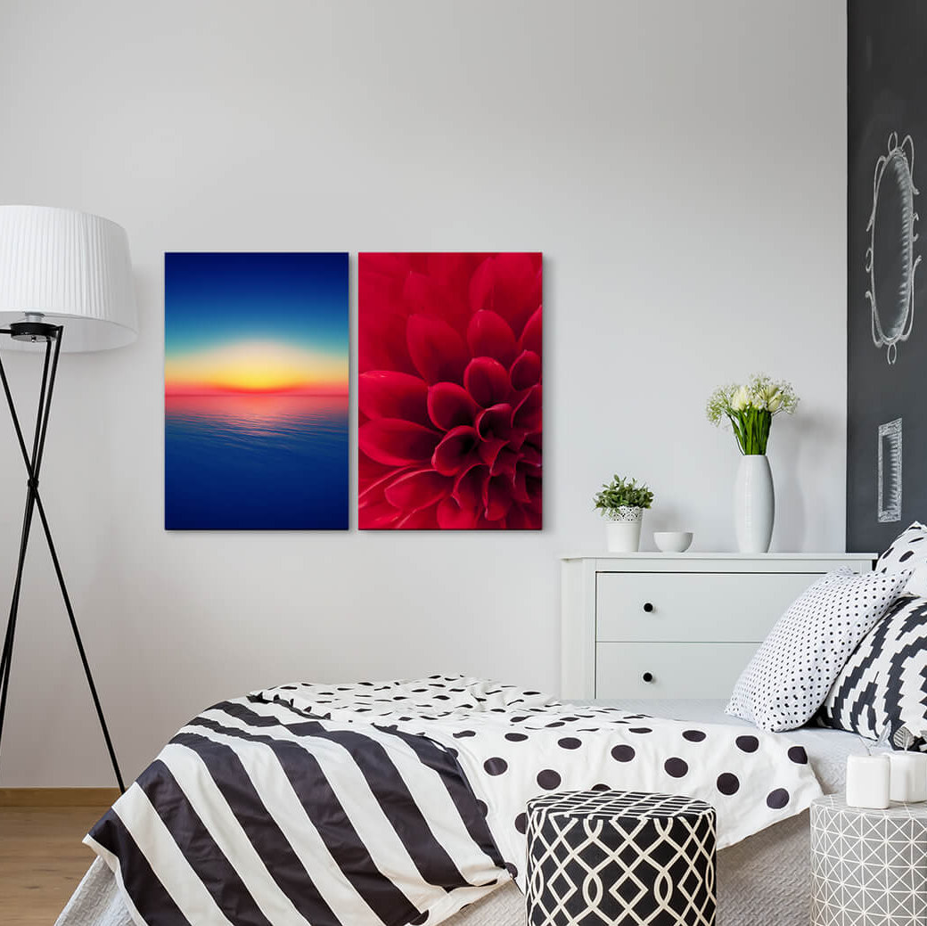 2-tlg. Leinwandbilder-Set - Fotografie „Dahlia Red Blossom Sunset Sea Blue Horizon”