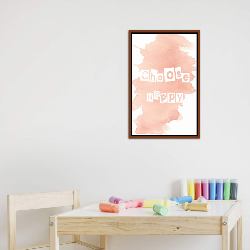 Choisir heureux - impression d'art textuel, H 26 po x l 18 po x 1,5 po, Toile avec cadre brun, Pas de tapis