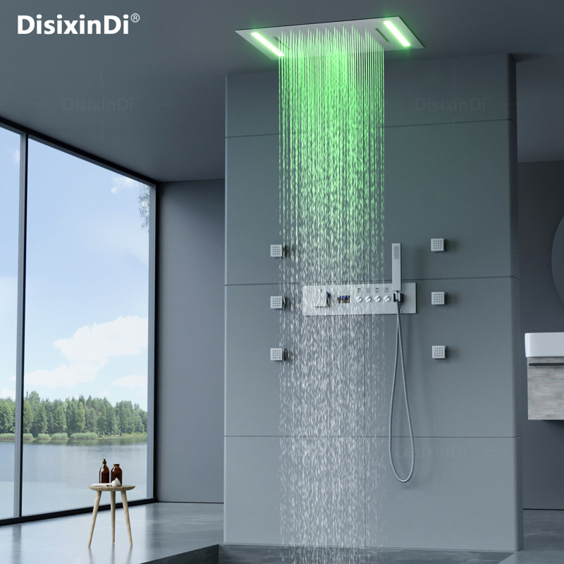 Ceiling Rain LED Shower Head with Handheld Spray Thermostatic Rainfall Shower System Set and Body Jets, Brushed Nickel