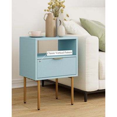 Nightstand Bedside Table with Storage Drawer and Open Wood Shelf, Mid-Century Modern Side Table, Gold Frame, Blue