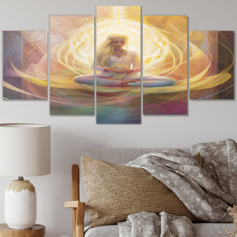 Femme déesse du lotus méditation dorée II - méditation murale, salon, 5 panneaux