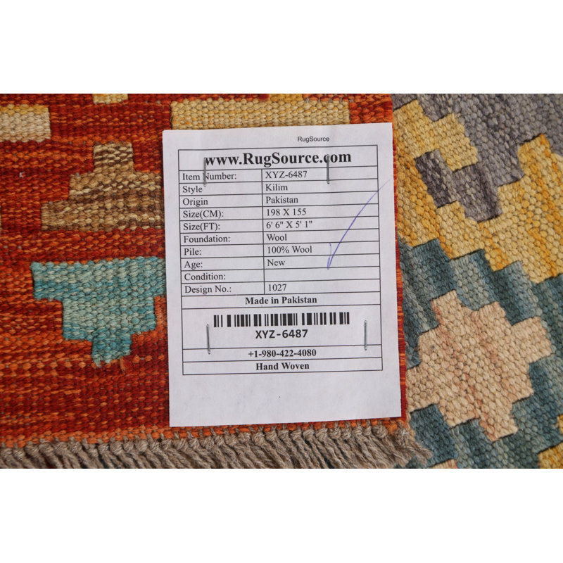 Geometric Handmade Flatweave Rectangle 5'1" x 6'6" Wool Area Rug in Oranges/Rust