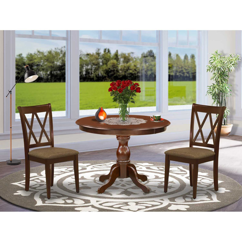 Ensemble de table de salle à manger 5 pièces comprenant une table de cuisine ronde avec piédestal et 4 chaises de salle à manger rembourrées en tissu de lin, 42 x 42 pouces, acajou