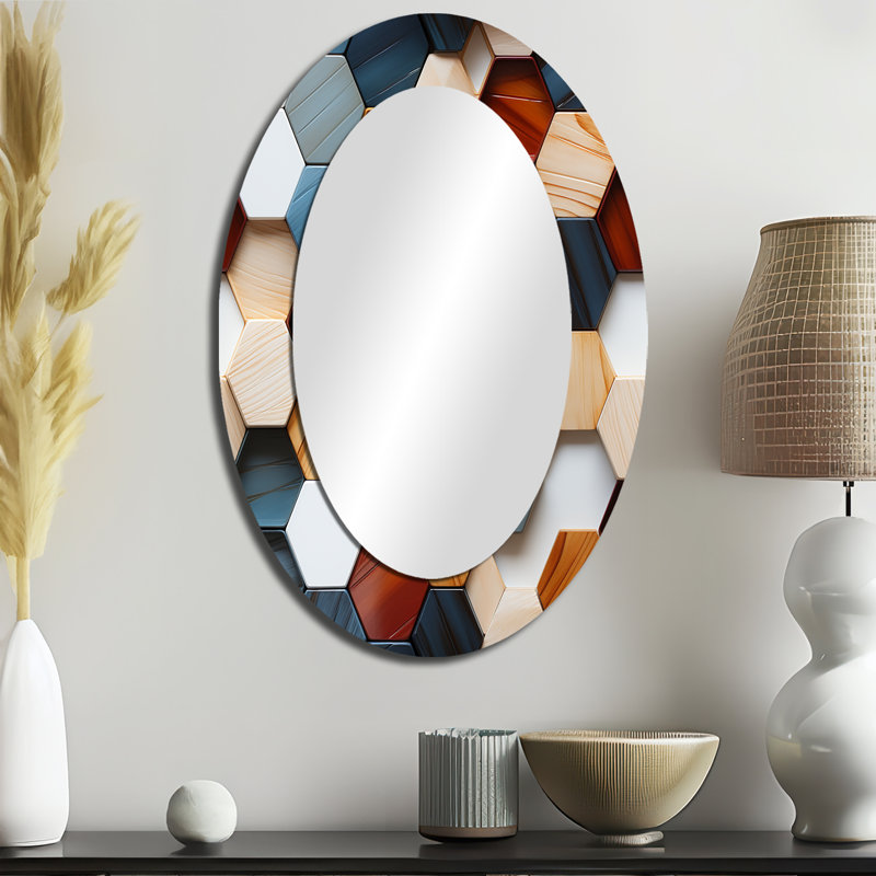 Hexagones orange et gris - Grand miroir mural ovale sur métal, 36 po x 24 po