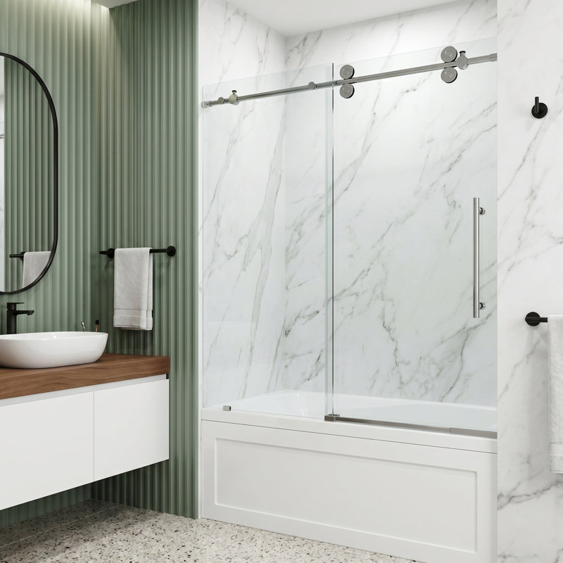 Elan 56-60" W x 66" H Sliding Frameless Tub Door with 3/8" Clear Glass, Stainless Steel