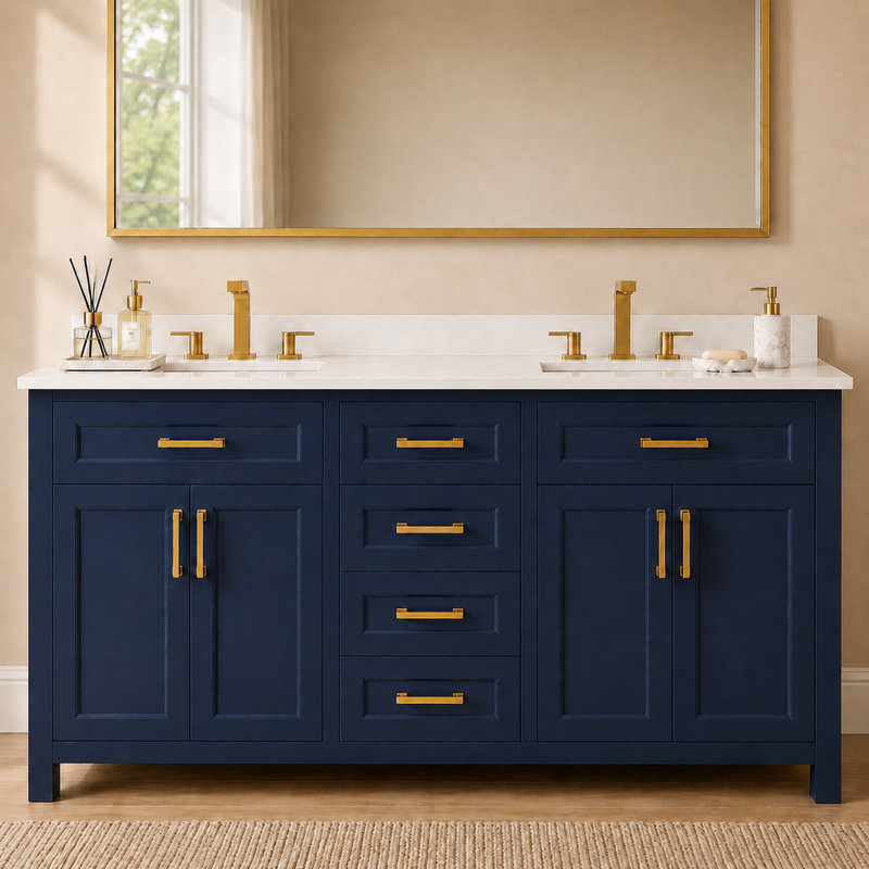 Meuble-lavabo double 60 po avec lavabo en céramique Chezkel, Bleu, Doré