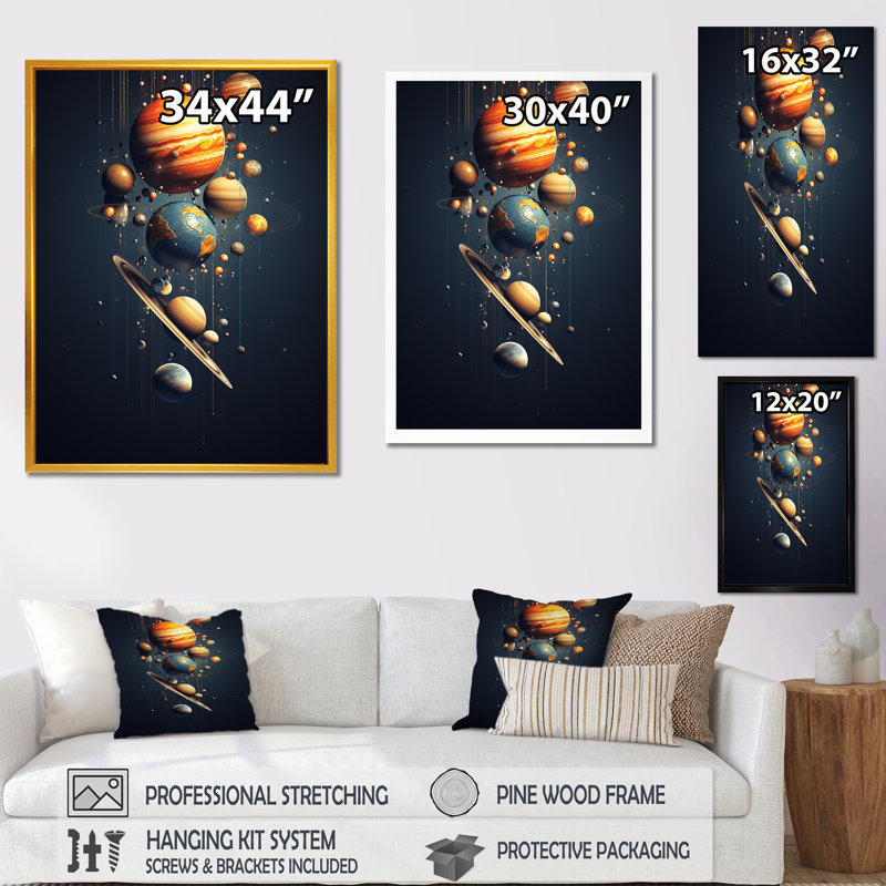 Art mural bleu et orange, planète Odyssey IV, Cadre simple noir, H 44 po x l 34 po x P 1,5 po