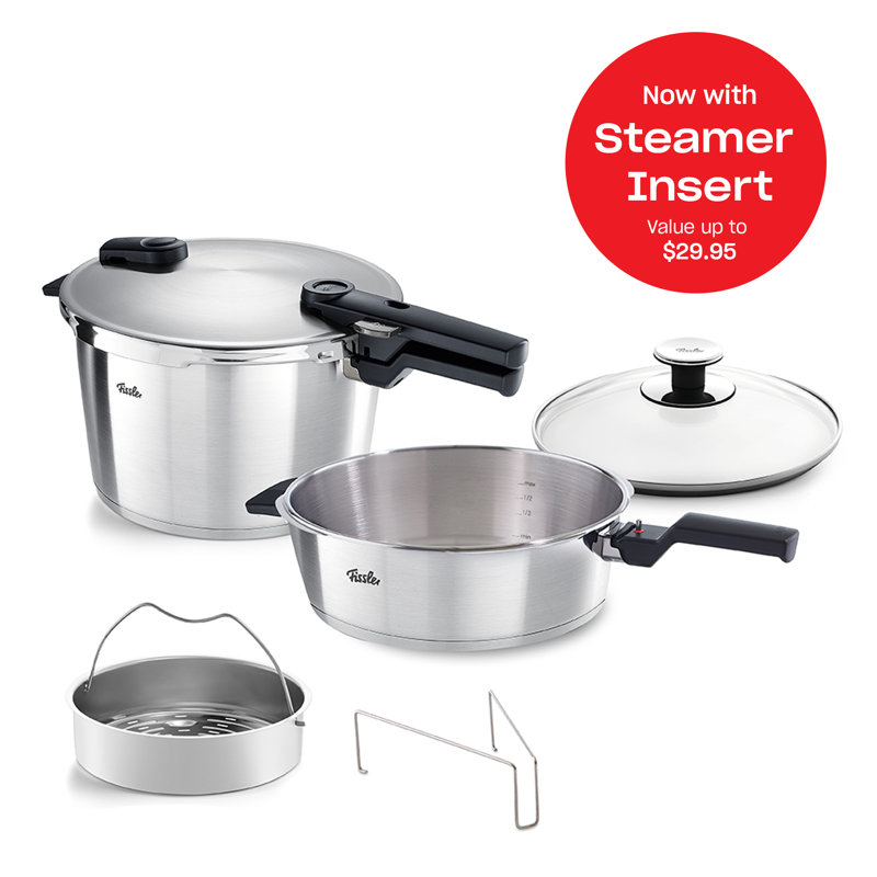 Vitaquick® Premium 2 Piece Set: 2.6 Quart Pressure Skillet And 4.8 Quart Pressure Cooker With Steamer Insert And Tripod