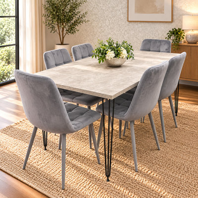 Grey Dining Table with Hairpin Legs & 6 Velvet Chairs (75cm)