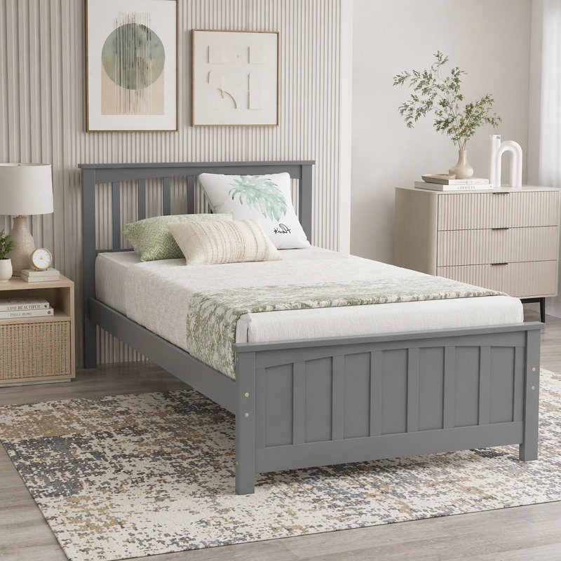 Lit plateforme simple en bois avec tête et pied de lit, Gris