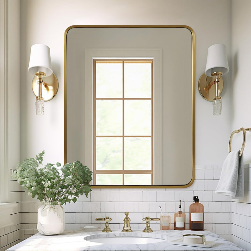 Miroir de salle de bain rectangulaire contemporain | Cadre épais en acier inoxydable, Or brossé, 40 po x 32 po