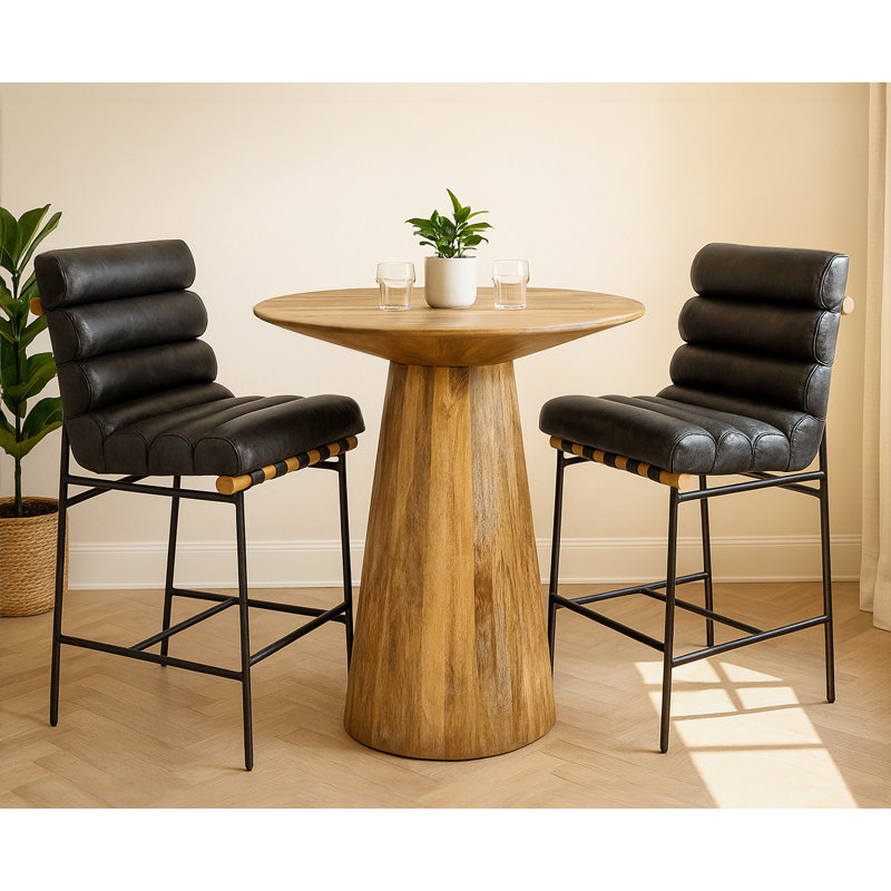 Iudita 36" Bar Table Set With 2 Layla Counter Chairs In Antique Black Authentic Leather