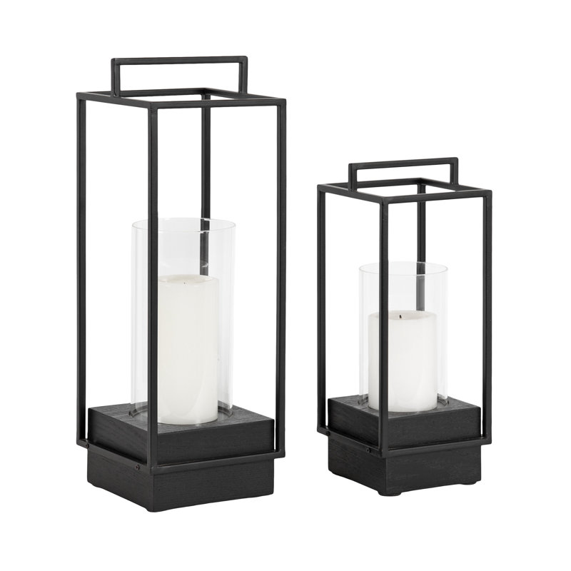 Wood and Metal Two-Piece Candle Holder Set, Black