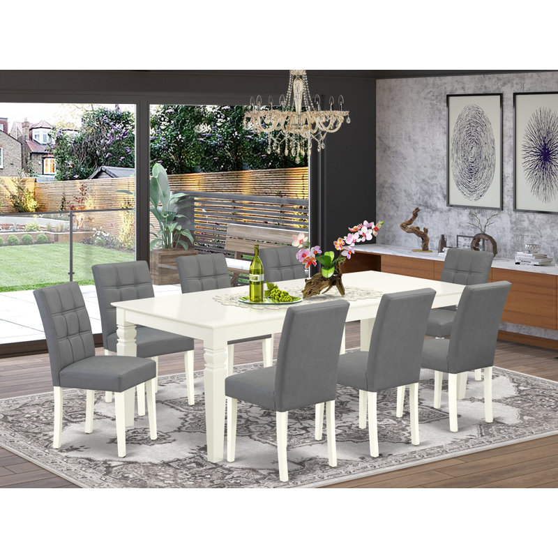 L'ensemble de table de salle à manger 9 pièces comprend une table en bois et 8 chaises en tissu de polyester gris platine avec dossier élégant - finition lin blanc
