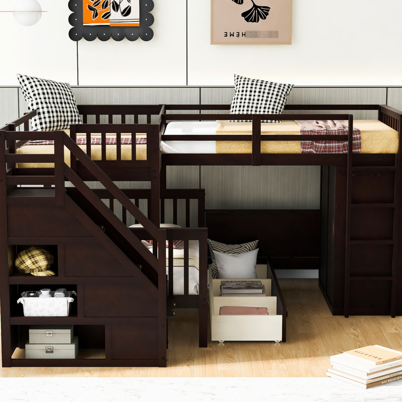 Lit superposé en L au-dessus d'un lit double, 3 tiroirs, bureau portable, garde-robe - tablettes de rangement supplémentaires dans l'escalier, structure en bois de pin massif