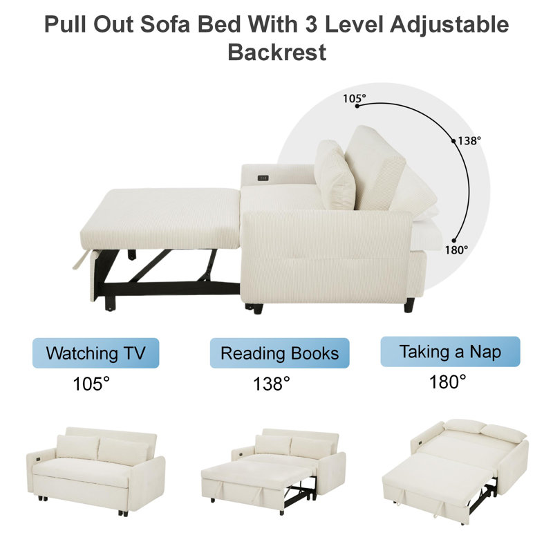 Isel 57'' Sofa Bed Sleeper Loveseat with USB Port and Two Pillows, Beige Corduroy