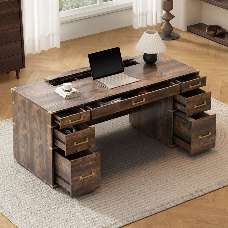 Jamess Executive Desk with Built-In Electrical Outlet, Rustic Brown