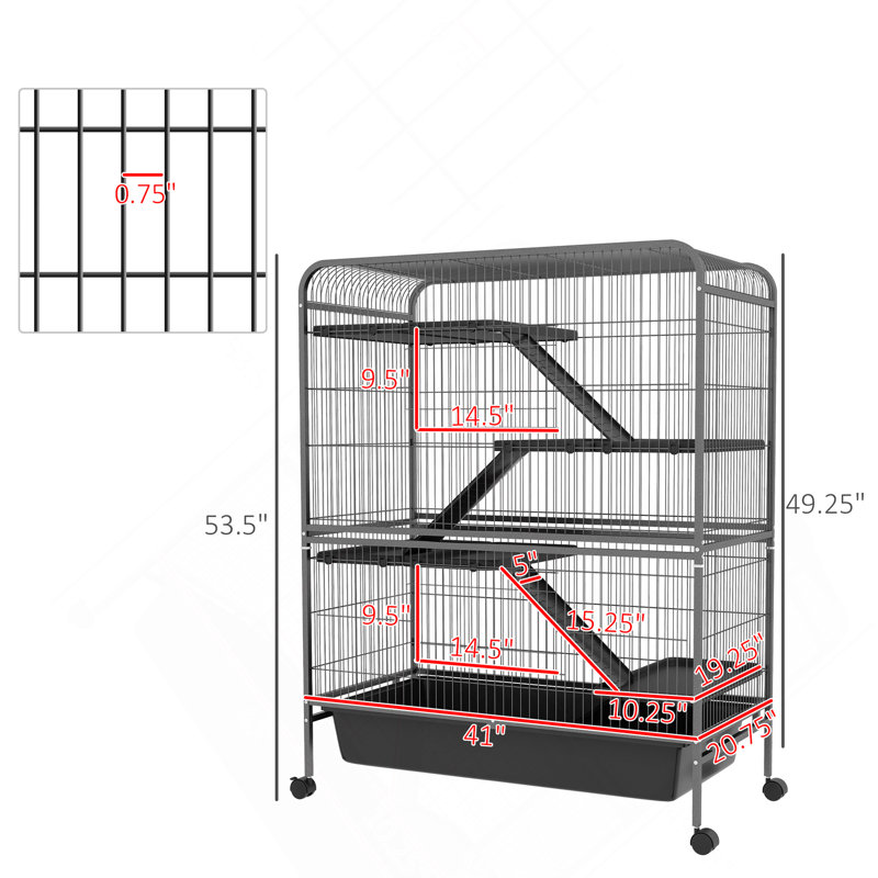 Cage pour petits animaux 53,5 po, cage de furet ou de lapin en métal à 5 niveaux avec roues, cage Chinchilla avec plateau amovible, 2 portes avant, rampes, gris