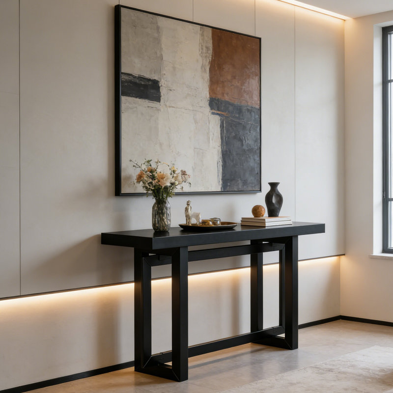 Console de style moderne avec un design triple rectangulaire unique et des pieds en bois pour le couloir et le salon, Noir