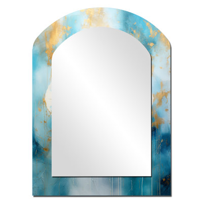 Divine mandala délicat or délicat turquoise II - grand miroir arche de mandala boho, décor de miroir mural asymétrique traditionnel, art en métal imprimé