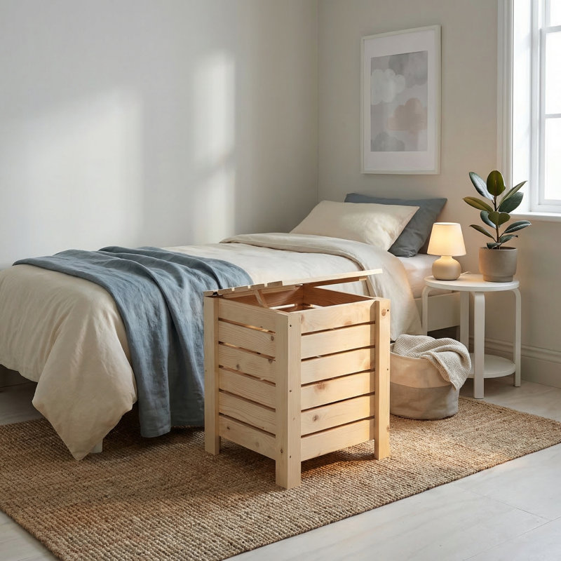 Narrow Slatted Storage Crate Box with Lid, Home Storage, Natural Pine