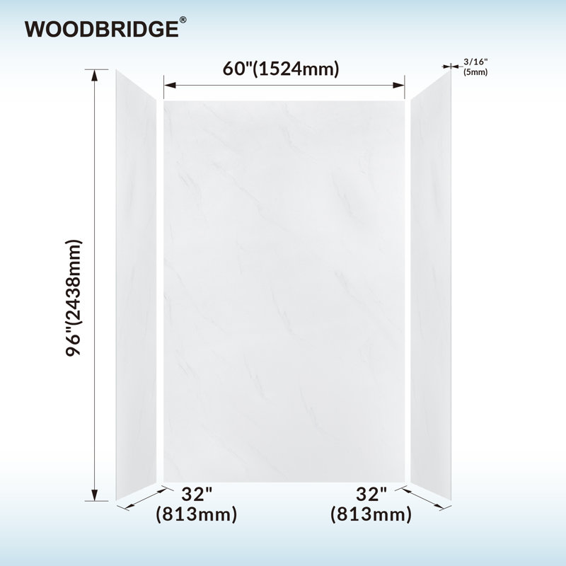 WOODBRIDGE 3-Piece  Shower Wall Panel Surround Kit in Carrara White, Quick Install and Trimmable., 96" H x 60" W x 32" D