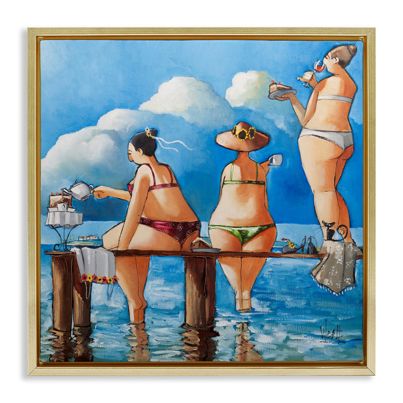 Dames de plage fantaisistes, H 18 po x l 18 po, Cadre flottant métallique doré