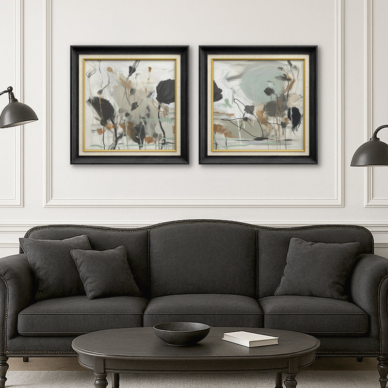 «Neutral Abstract Botanical Brushstroke Art Set», impression encadrée sur papier dans la chambre des maîtres, 2 pièces