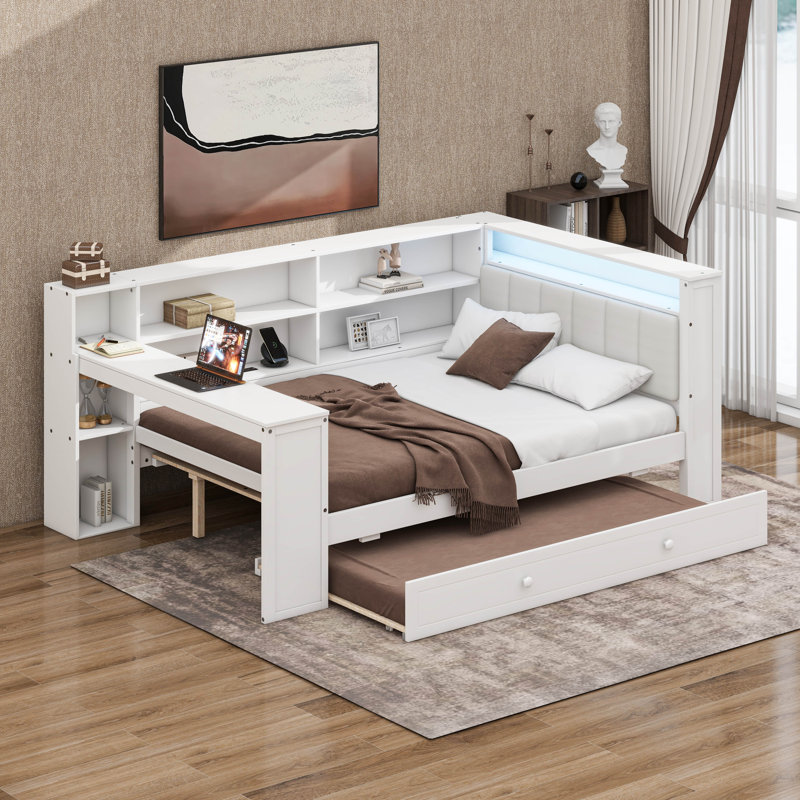 Full Size Platform Bed With Upholstered Headboard, Built-In Desk, 8 Storage Shelves, Pull-Out Trundle, LED Lights
