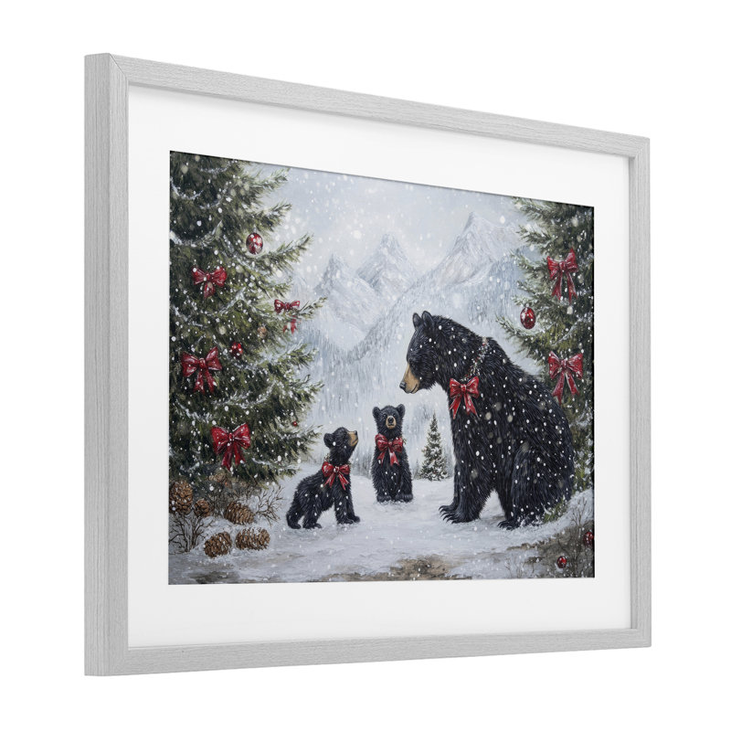 «Christmas Black Bears», reproduction sous verre encadrée, design par Tina LeCour, H 14 po x l 20 po, Cadre de ferme gris