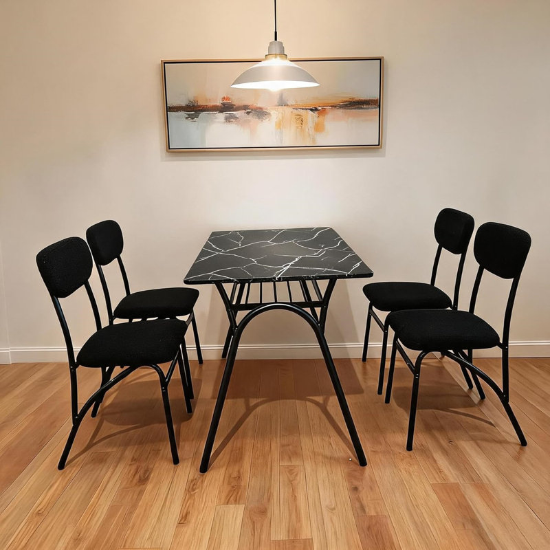 Ensemble de salle à manger moderne 5 pièces - plateau de table rectangulaire en marbre, tablette de rangement, 4 chaises rembourrées Boucle, meubles de cuisine et de salle à manger peu encombrants, parfait pour les petits appartements