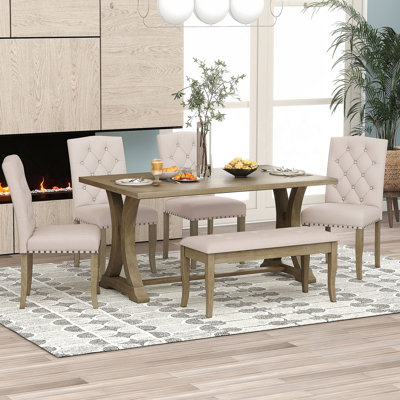 Ensemble de table de salle à manger avec table à tréteaux rectangulaire et banc de chaises rembourré