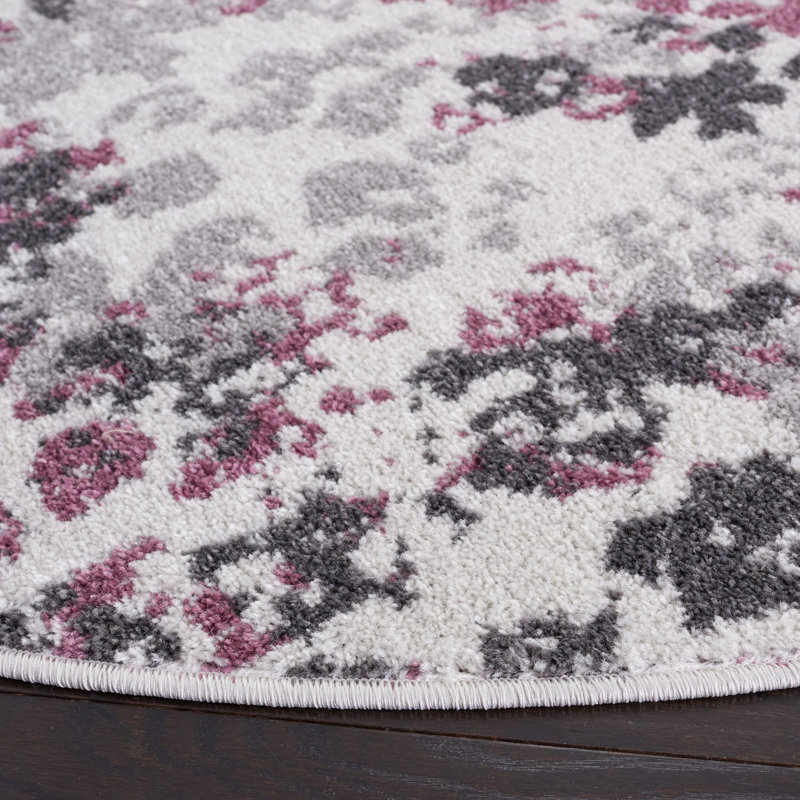 Makeba Floral Ivory/Gray/Purple Area Rug, Round 6'