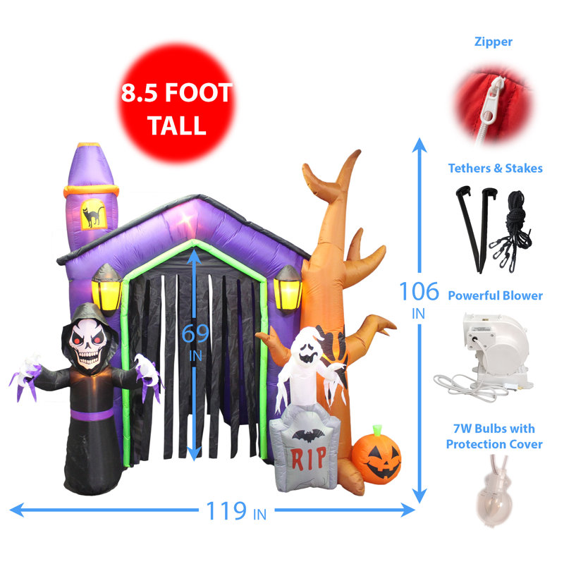 8.5 Foot Tall Lighted Happy Halloween Inflatable Haunted House Castle with Skeletons, Ghost and Skulls Indoor / Outdoor Holiday Blow Up Yard Garden Decoration Archway