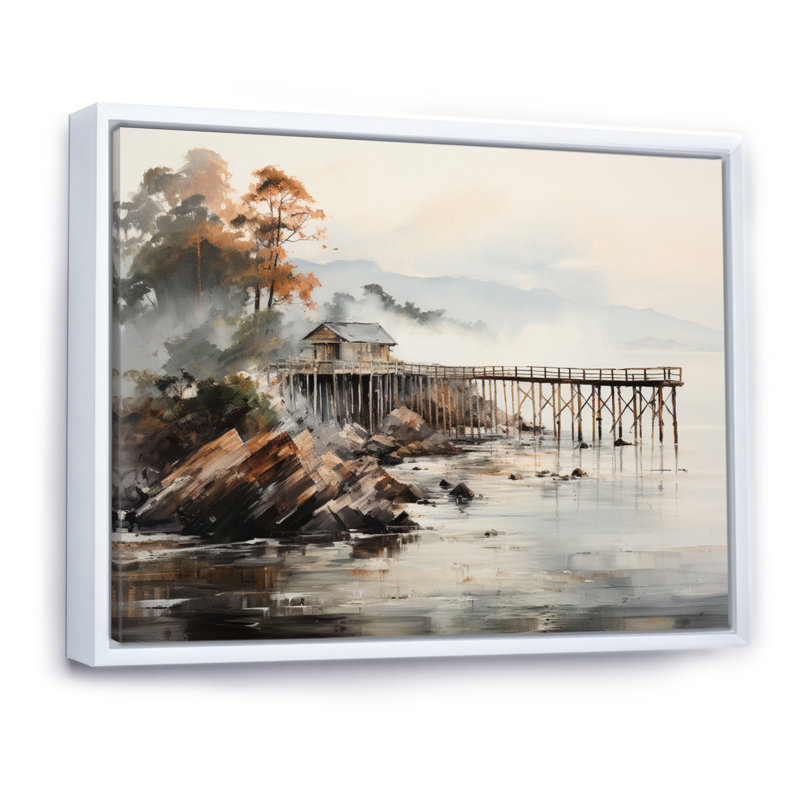 Pier Misty Morning Pier I sur impression sur toile, H 30 po x l 40 po x P 1,5 po, Cadre flottant blanc