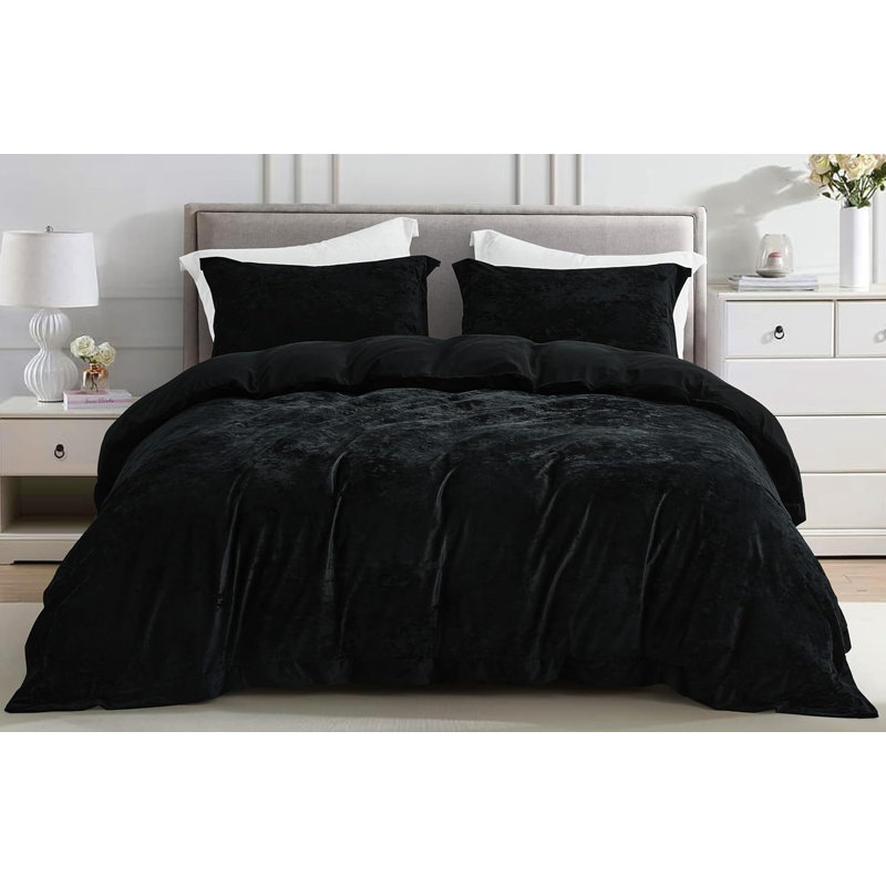 Piers Distressed Velvet Duvet Cover Set, Queen Duvet Cover + 2 Standard Shams, Black