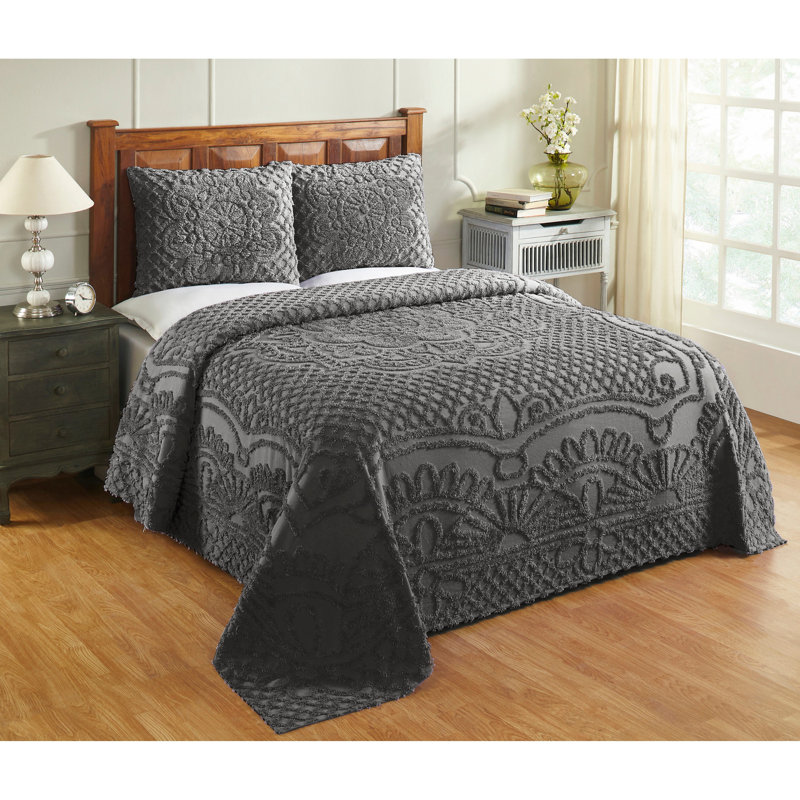 Trevor Chenille Bedspread Set Full/Double Size, 100% Cotton Medallion Coverlet Set with 2 Standard Shams, Traditional Textured Heirloom Bedding, Soft Breathable All-Season Comfort, OEKO-TEX Certified, Gray