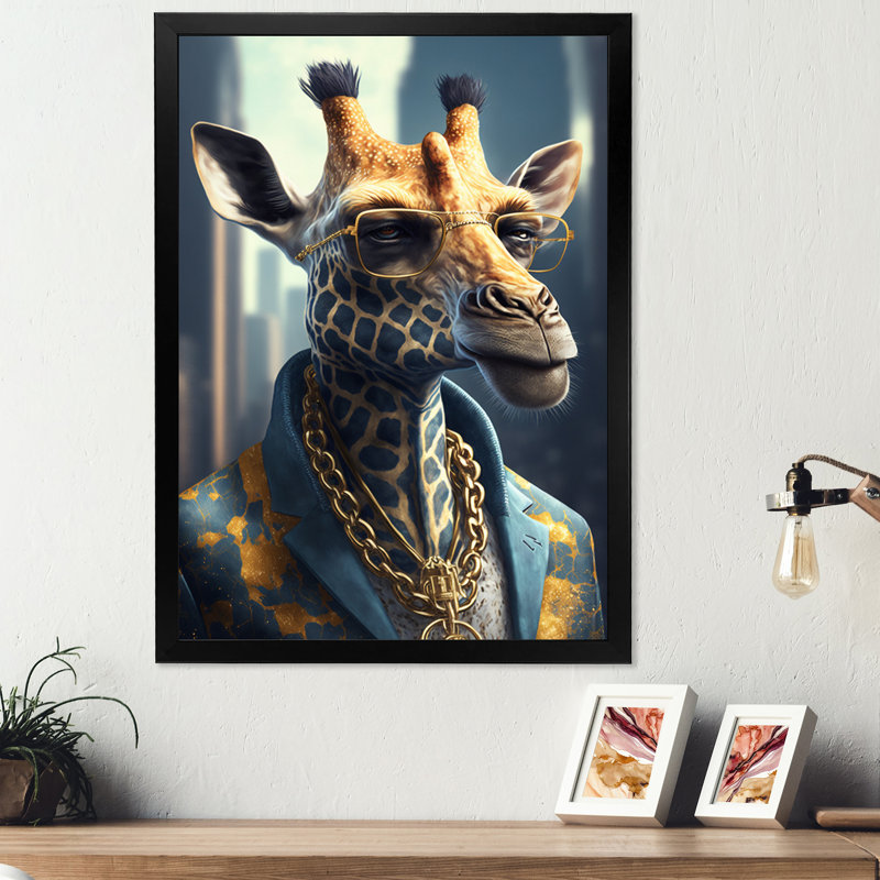 Girafe Ganster - Impression sur toile, H 32 po x l 24 po x P 1 po, Impression noire sur toile encadrée