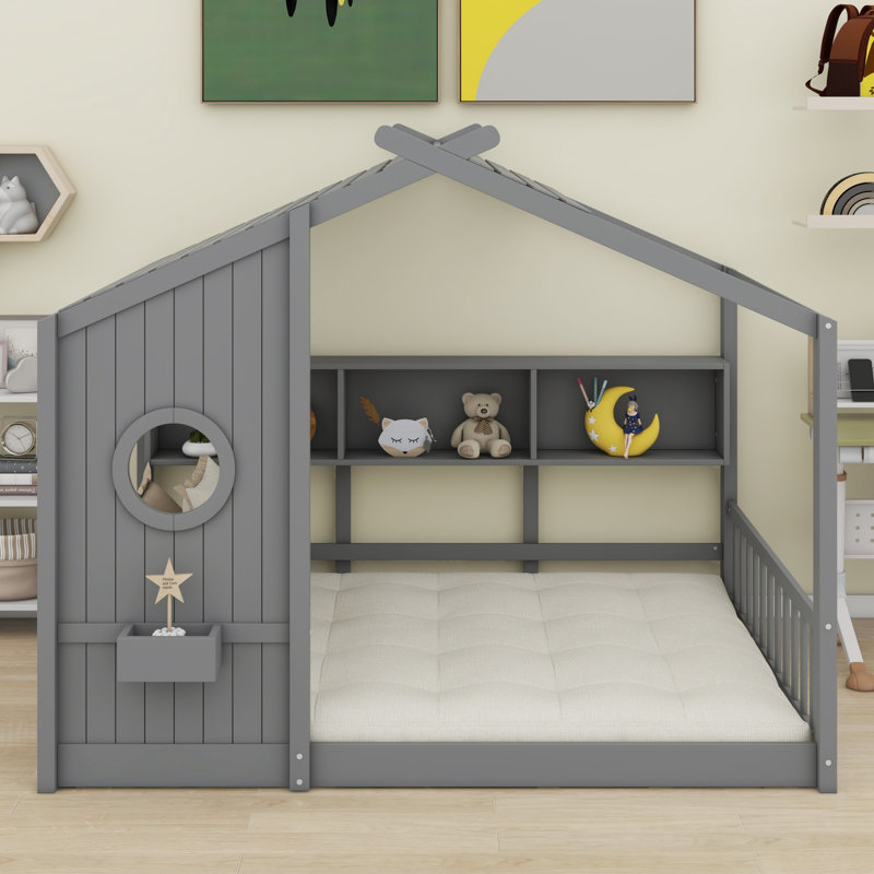 Lit sur pied avec tablette de rangement, Gris, Double