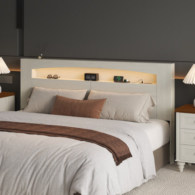 Queen Headboard, Storage, RGB LED Lighting, USB & AC Charging Station, Recessed Baseboard – Modern Wood Bedroom Furniture