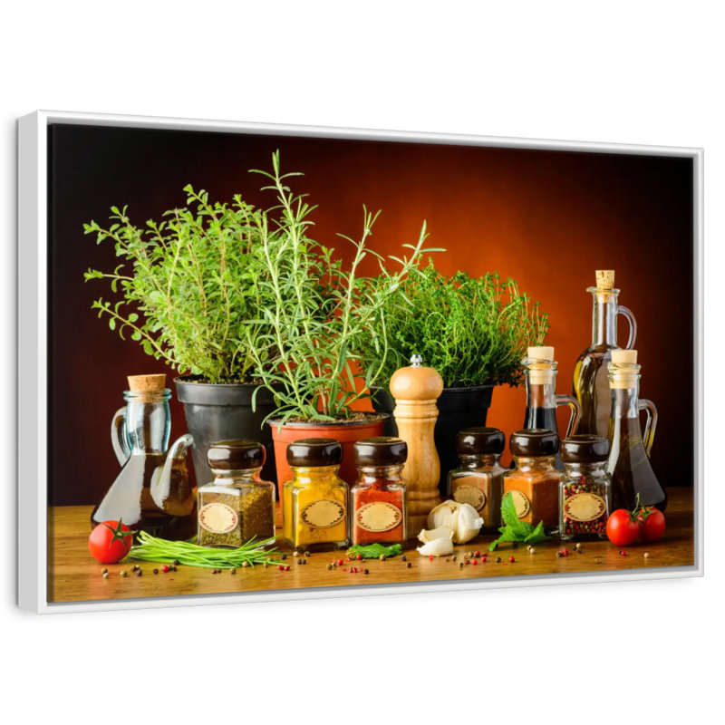 Cuisiner avec des épices et des herbes, 46 po x 31 po, Cadre flottant blanc