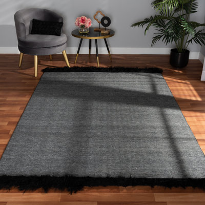 Tapis gris foncé en laine tissé à plat à la main Avichai
