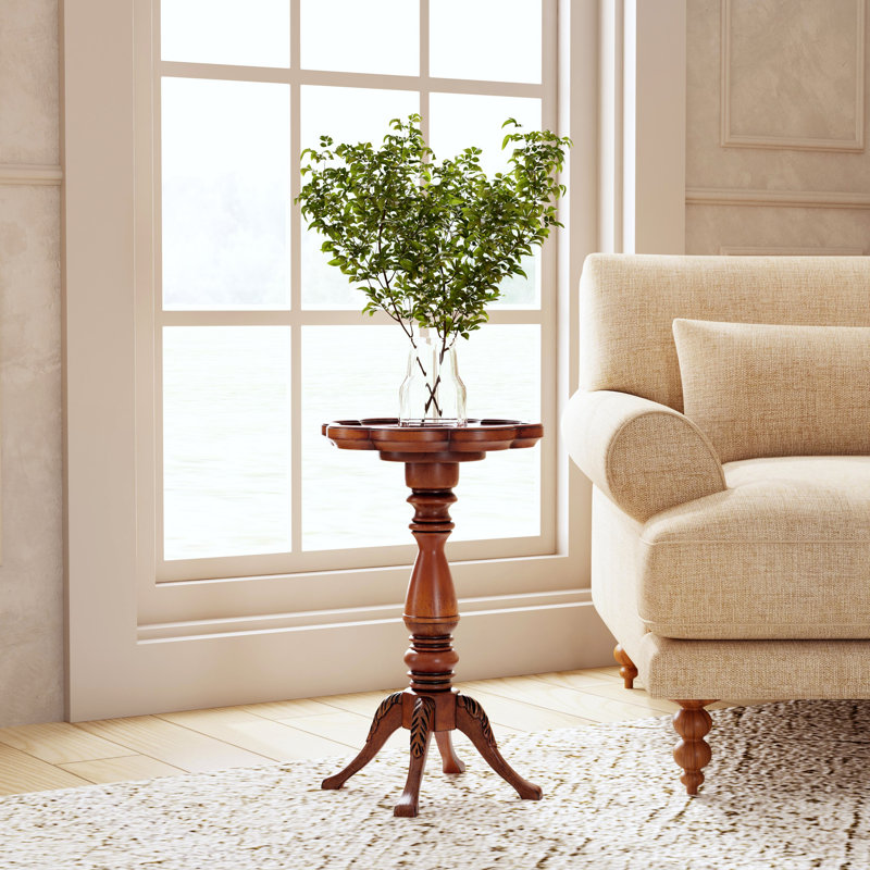12" W End Table with Scalloped Tray Edge Top and Pedestal Base, Olive Ash Burl