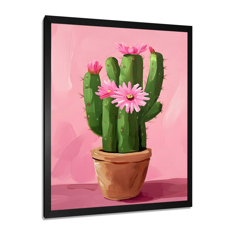 Fleurs de cactus en pot - Art mural floral cactus, Toile encadrée noire simple, H 40 po x l 30 po x P 1,5 po