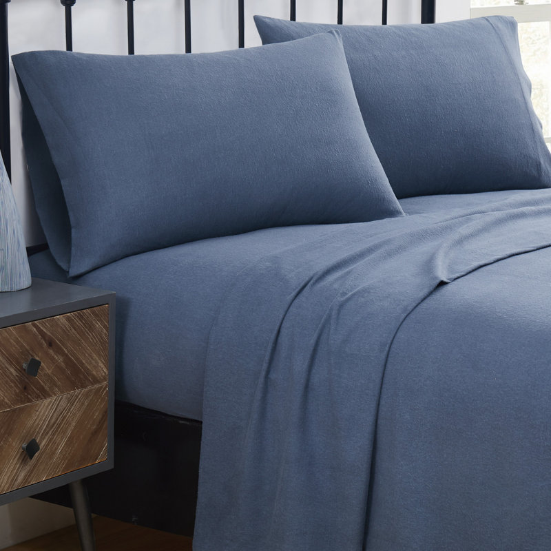 Traditional Cozy 100% Cotton Flannel Sheet Set, Queen Sheet Set + Fitted Sheet + 2 Pillowcases, Blue