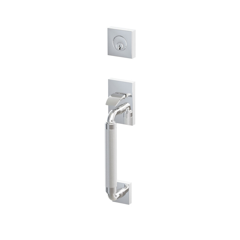 Ensemble d'entrée modulaire Emtek Select Dummy tubulaire, tige extérieure en forme de R, poignée moletée, tige intérieure en forme de L, poignée lisse, chrome poli
